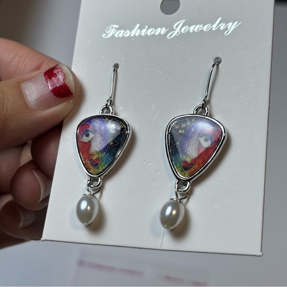 Modern Art Inspired Women’s Earrings, Dangle Faux Pearl Fashion Earrings - Picture 2 of 6